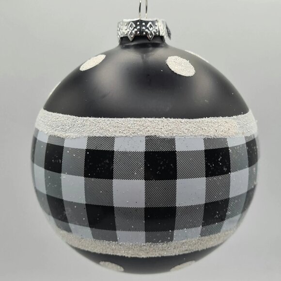 Black White Plaid Finial Ball Large Glitter Glass Ornament 4.5" Set 2 - Picture 2 of 5